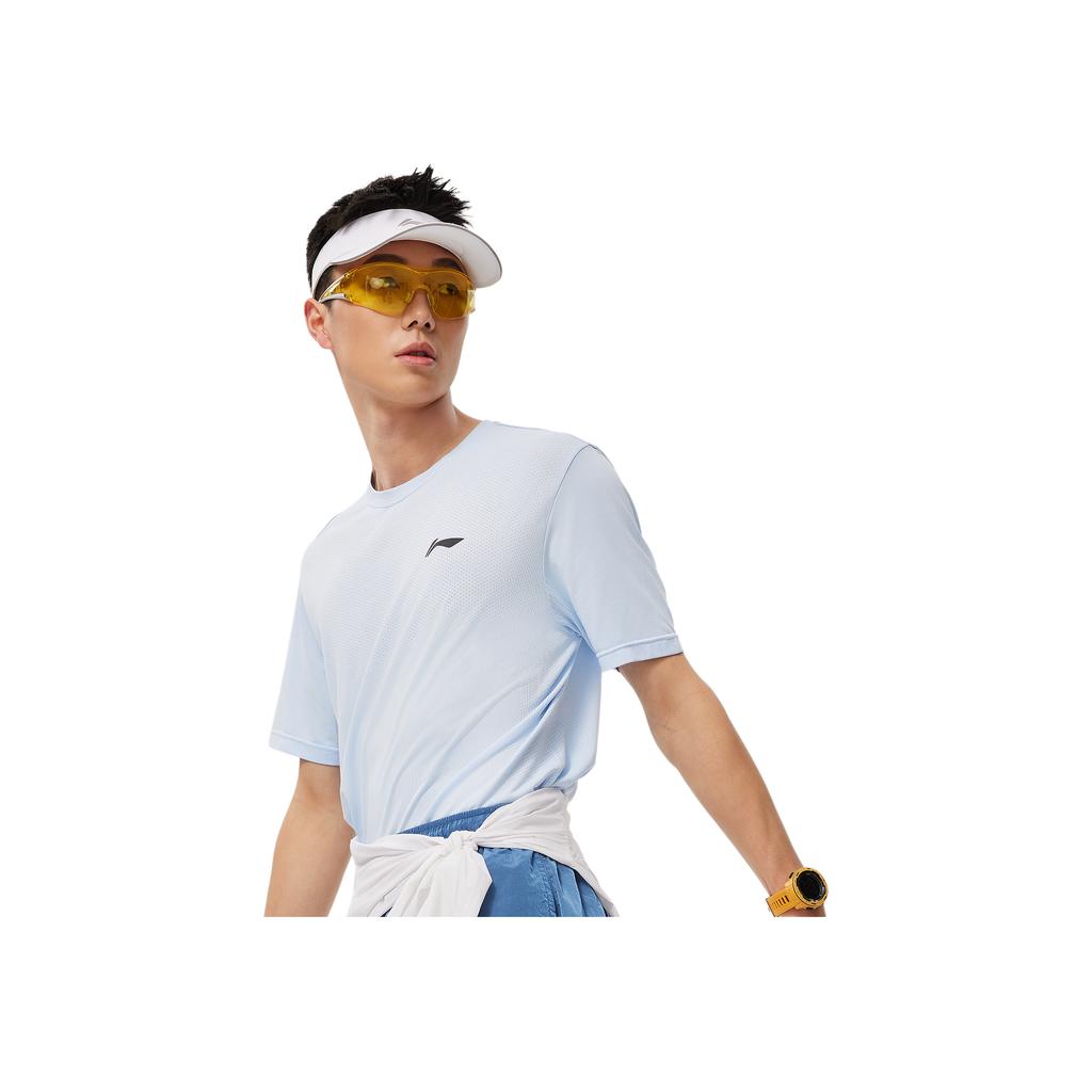 Li Ning Running Series Solid Color Round Neck Pullover Breathable Short Sleeve T-Shirt Men Tops Sky-Blue ATSU195-3