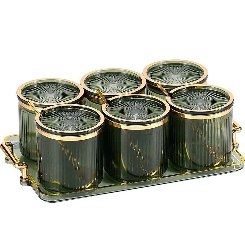 1 pz Barattolo per condimenti in acrilico con vassoio, contenitore per condimenti, saliera, contenitore per zucchero, set di contenitori per utensili da cucina per la casa