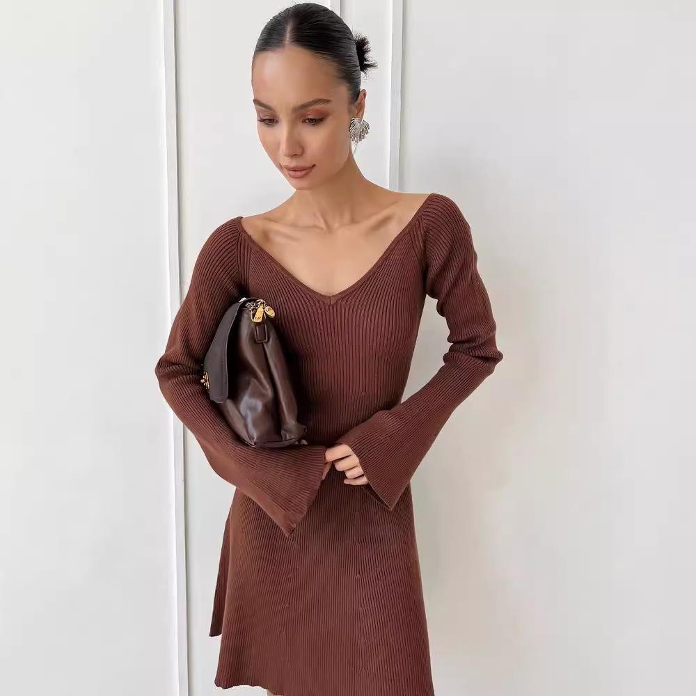 Off-Shoulder Long Sleeve Sweater Dress - Sexy Knit A-Line Short Skirt for Fall/Winter