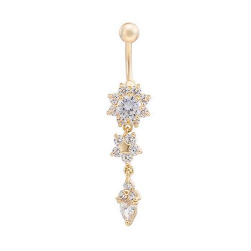 Sexiga kvinnor Blomma Rhinestone Dangle Bar Skivstång Belly Button Ring Body Piercing