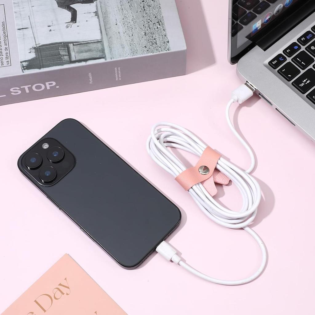 6 Pcs Cord Organizer, Leather Pink Bow Cord Keeper Cable Organizer USB Holder Reusable Multipurpose Cables Management Strap for Earphone, Phone