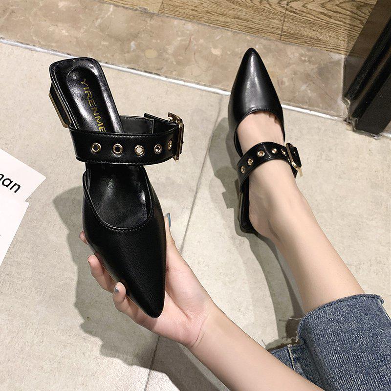 Women's 2025 Summer Korean Style Pointed Toe Closed Slippers with Belt Buckle & Chunky Heel