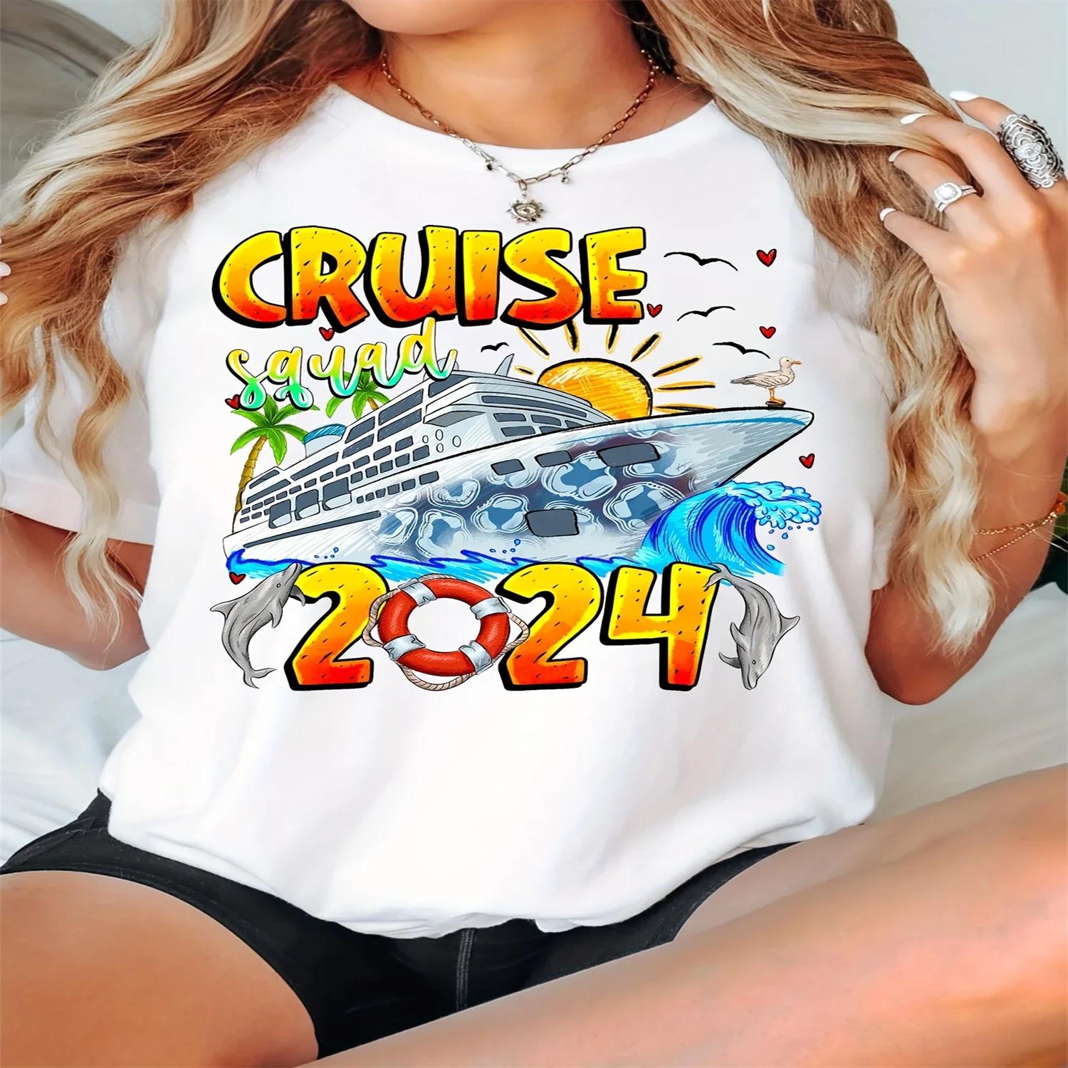 

Cruise Print Crew Neck T-Shirt - Women s Casual Short Sleeve Tee for Spring & Summer XXXXXL білий