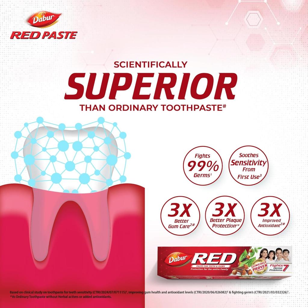 Dabur Red Ayurvedic Toothpaste - 750g (250g x 3) | Germ Protection, Cavity Care, Plaque Removal & Fresh Breath | Fluoride Free Herbal Paste