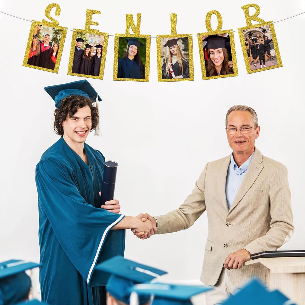 Senior Photo Banner Congrats Grad Paper Photo Frame High School College Graduation Bunting Decorations Congrats Senior Picture Banner Gold Glitter