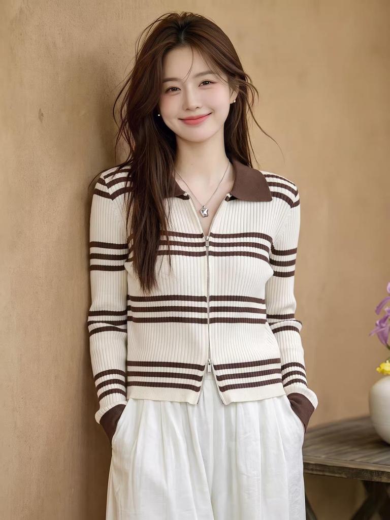 La Chapelle Women's Striped Polo Collar Knit Cardigan
