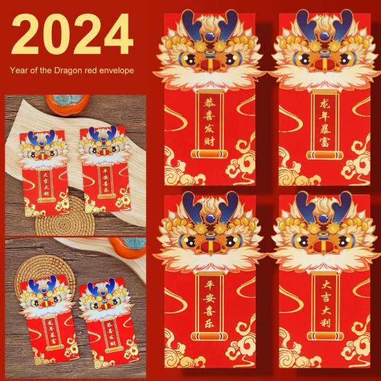 

5 шт., Новый 2024 год, красный конверт с драконом, мультяшный зодиакальный дракон, узоры, традиционная культура, красная сумка на удачу для весеннего фестиваля, китайская свадьба