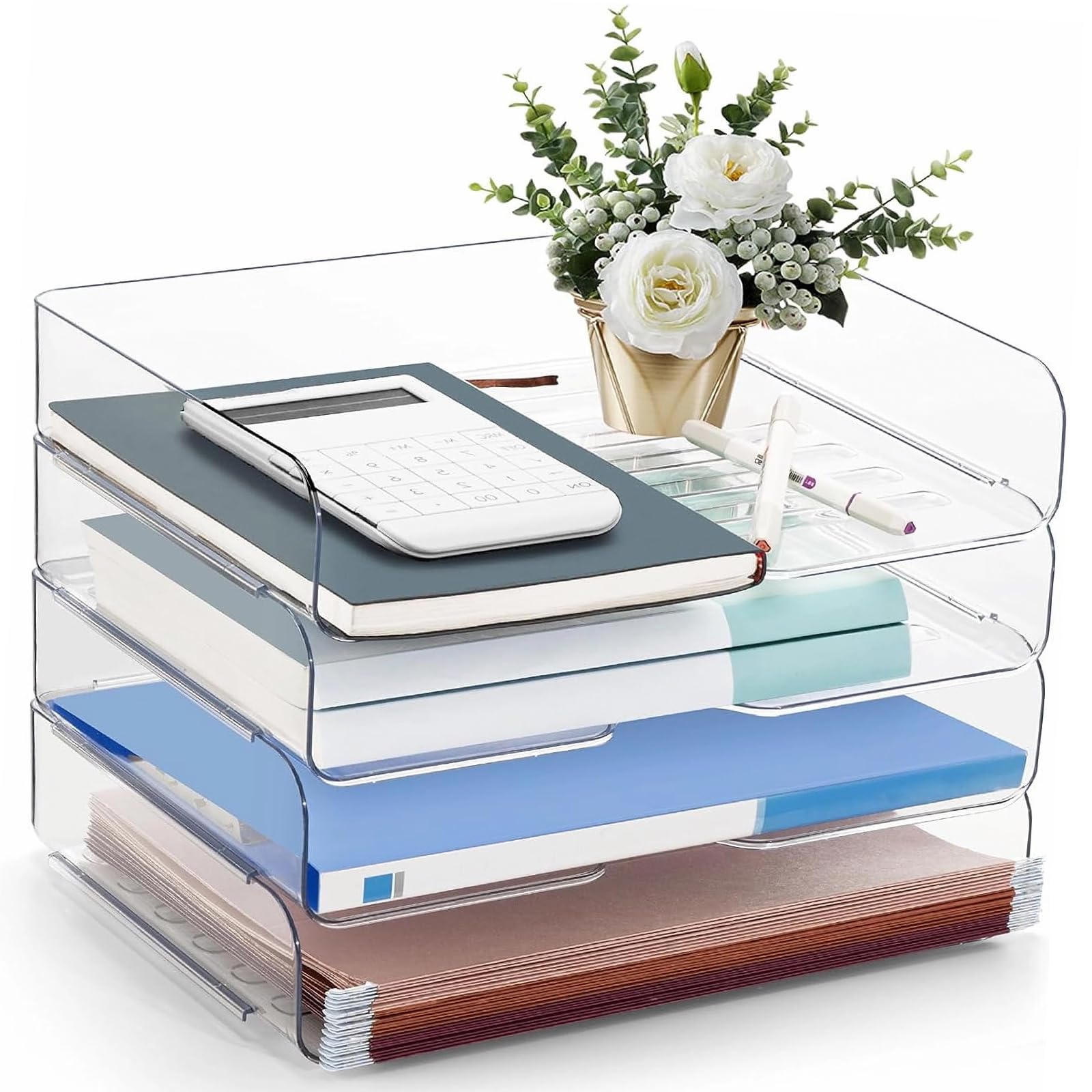 

Document Tray, Letter Case, Storage Case, Desktop Storage Rack, Shallow, Transparent, Stackable, Letterbox, Envelope, Book Storage, Office Supplies, 4