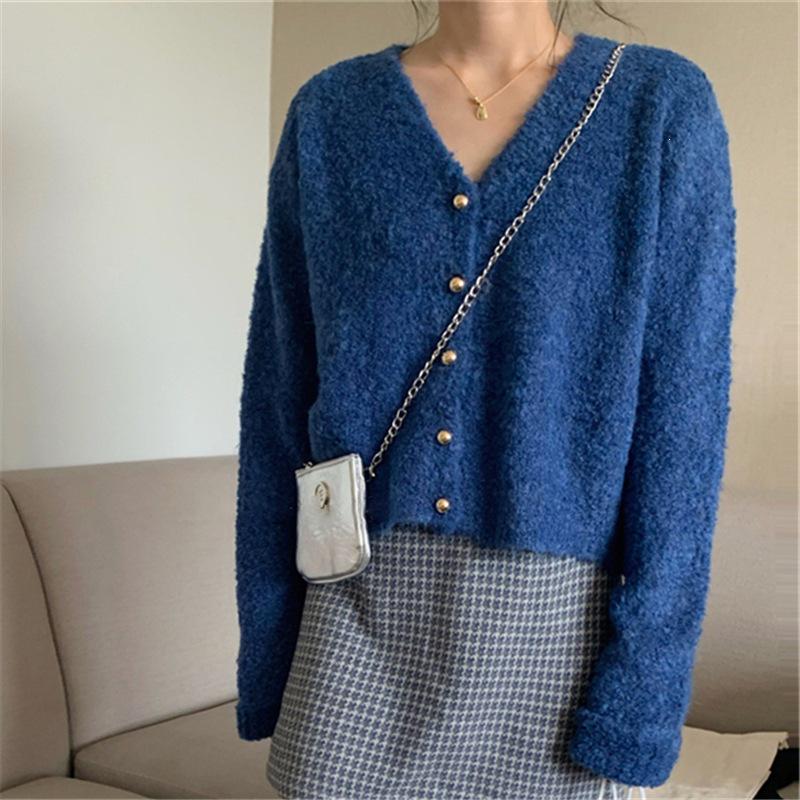 Vintage V-neck Plush Knit Cardigan - Autumn/Winter Slimming, Single-Breasted, Long Sleeve, Loose Fit