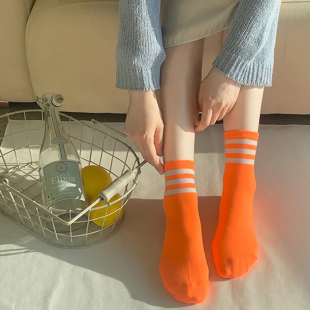 10 Pairs of Women's Three-striped Neon Mid-calf Socks