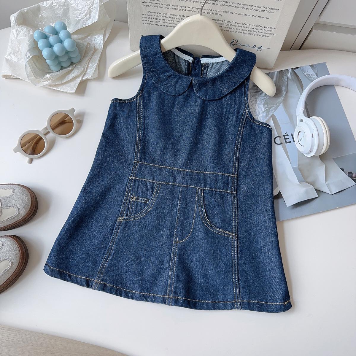 Girls Korean Style Sleeveless Denim Dress with Baby Doll Collar Size 130