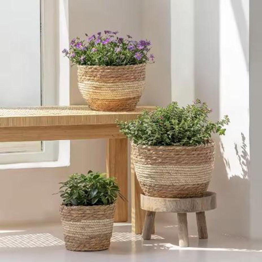 S/M/L Straw Weaving Flower Plant Pot Handmade Leakproof Flowerpot Storage Baskets Decorative Grass Woven Planter Basket Outdoor