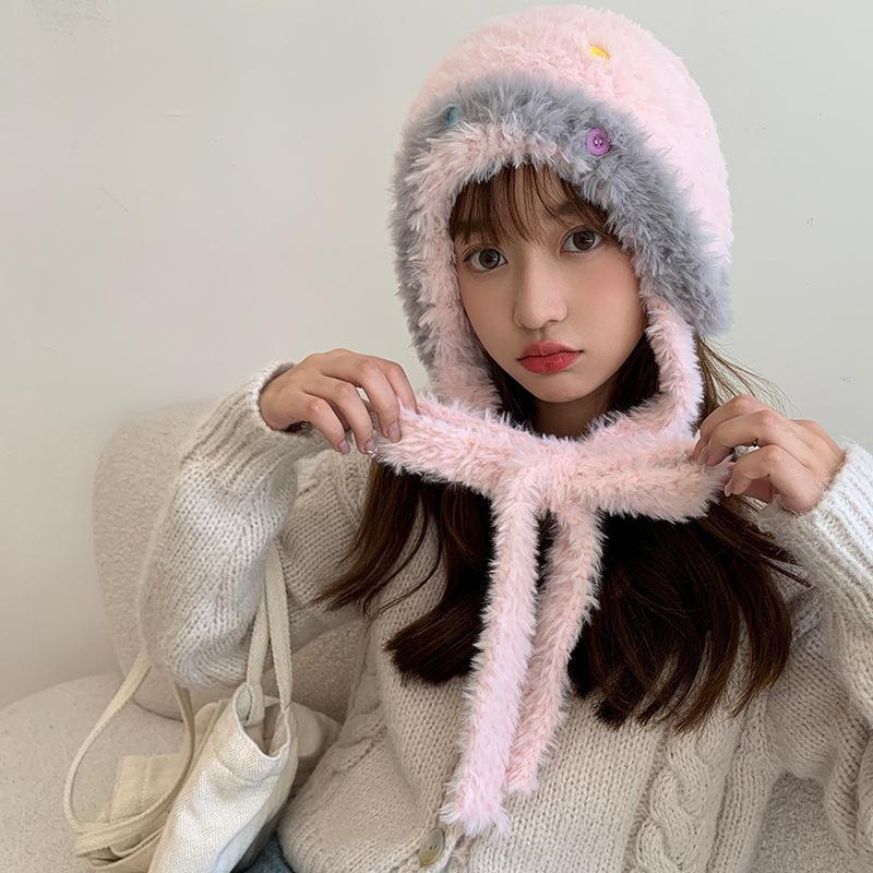 Versatile Button Plush Female Tide Thickened Warm Cute Face Small Wool Hat Knitted Hat