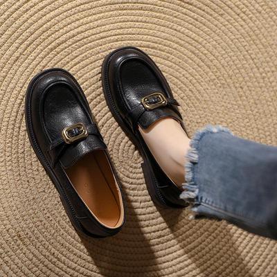 Mocassini da Donna Retro in Pelle Nera con Punta Tonda e Fibbia Metallica: Scarpe Casual con Tacco Spesso per Pendolari Autunnali/Invernali.