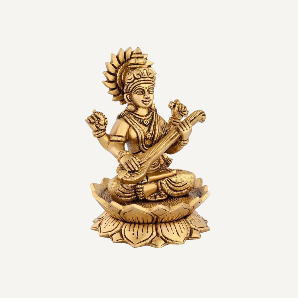 Antique Finish Brass Saraswati Sitting On Lotus Idol, Goddess Murti, Gold