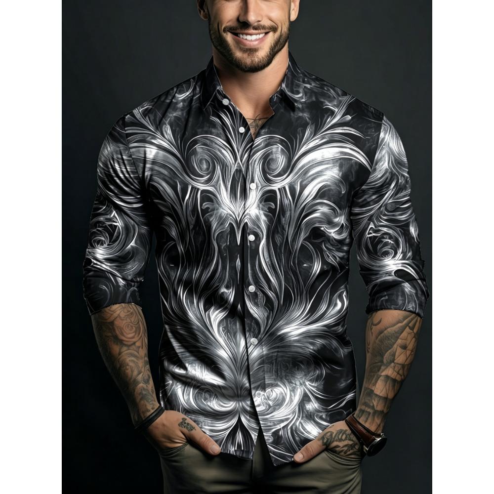 Men's Symmetrical Fluid Pattern Printed Long Sleeved Shirt with Lapel Buttons, Nightclub Party Trendy Men's Top