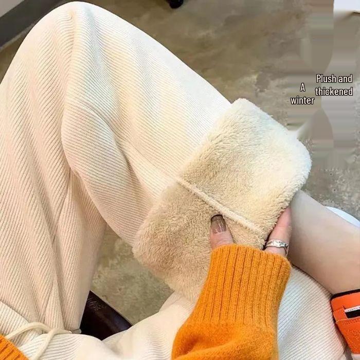 Plus Velvet Chenille High-Waisted Wide-Leg Corduroy Pants - Women s Spring/Fall Straight-Leg Casual Pants L