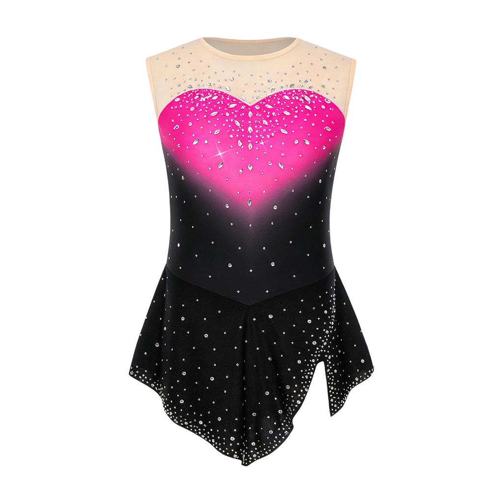 Body da pattinaggio artistico da bambina senza maniche con strass e gonna