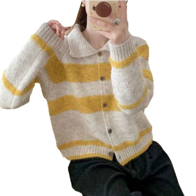 Retro Knitted Sweater Autumn/Winter Korean Knitted Collar Cardigan Striped Loose for Women