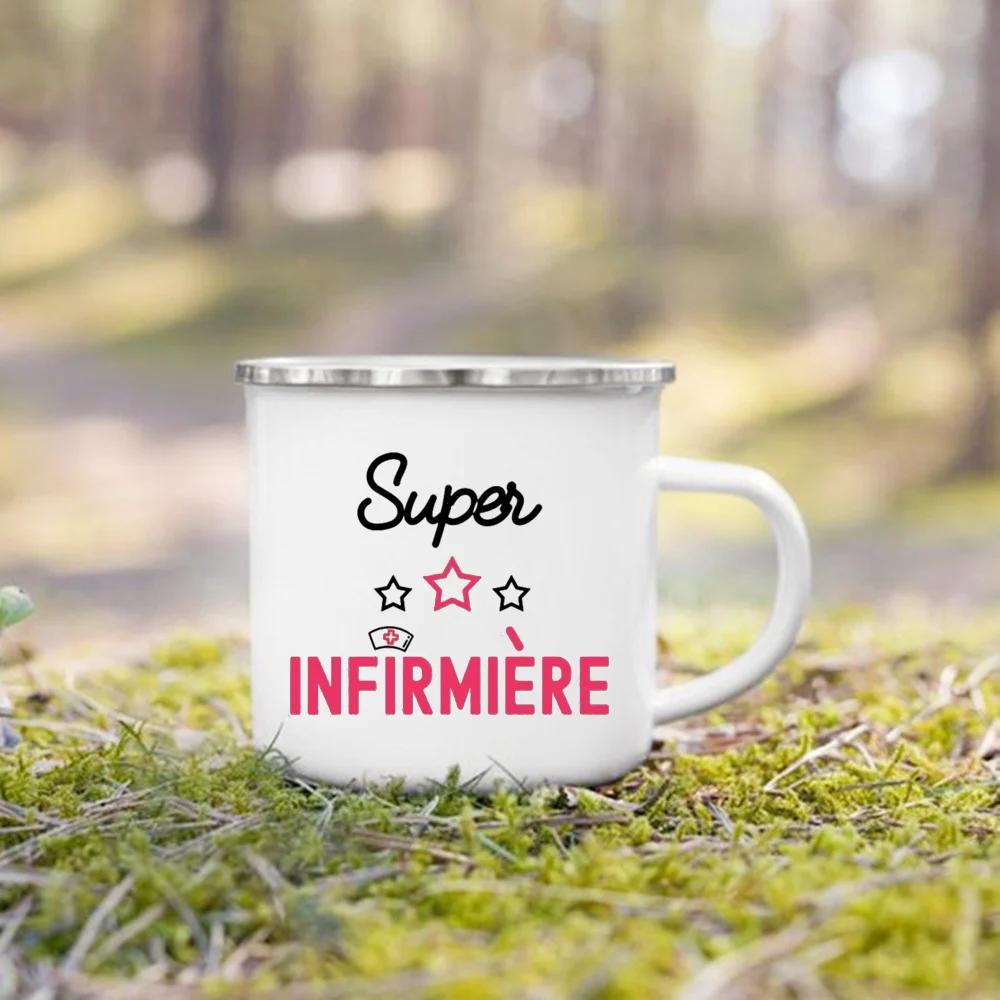 Beste Krankenschwester Französisch Bedruckte Emaille Tassen Kaffeebecher Trinken Wein Saft Tasse Dessert Kakao Milch Henkeltasse Bestes Geschenk für Infirmiere