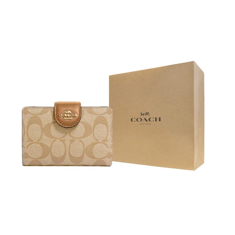 New COACH Corner Zip Coated Canvas With Leather Coin Purse Wallet Women's Khaki C0082-IMNLJ