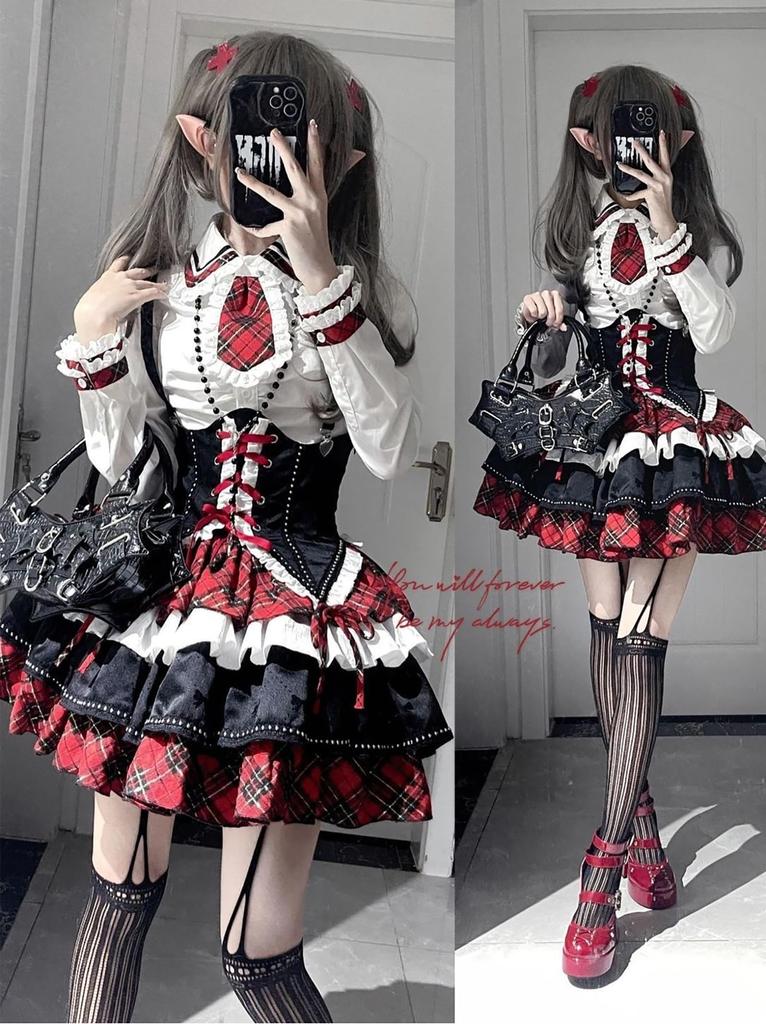 XHSUKADO Lolita Mini Long Lolita Halloween Red and White and Size L Women's 4-Piece Set Top, Corset, Skirt, Tie, Sleeves, School-Style Outfit,
