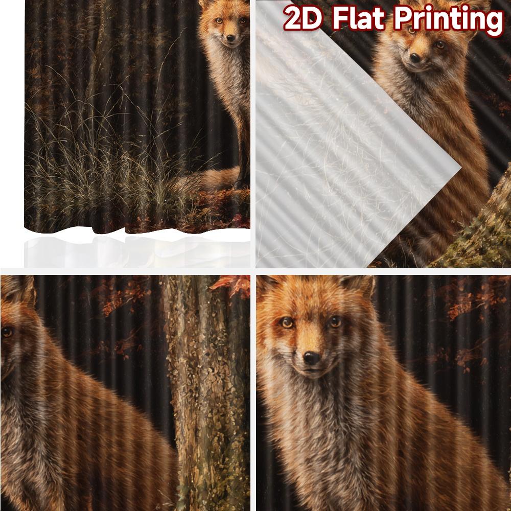 2pcs, 2D FLAT PRINTING Curtains (Without Rod) Autumn Fox Scene Chic Print Curtains Festival Versatile Polyester Curtains Outdoor