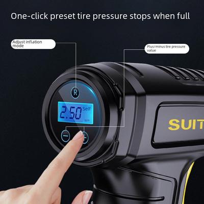 Bomba de aire portátil para automóvil con carga inalámbrica, pantalla digital inteligente y diseño portátil: ideal para uso doméstico y en movimiento.