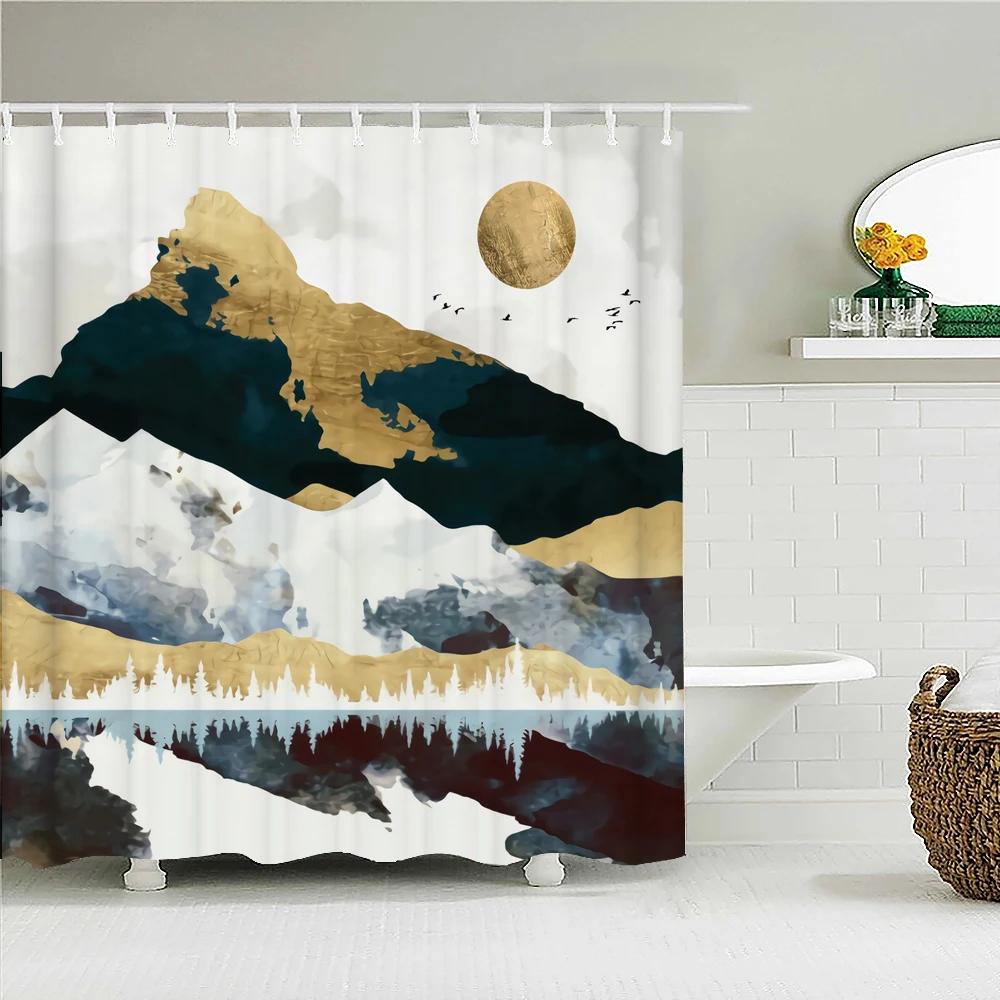 Japanese-style 3D Mount Fuji and Flower Print Shower Curtain With Hook Natural Landscape Home Decoration Bathroom Curtains