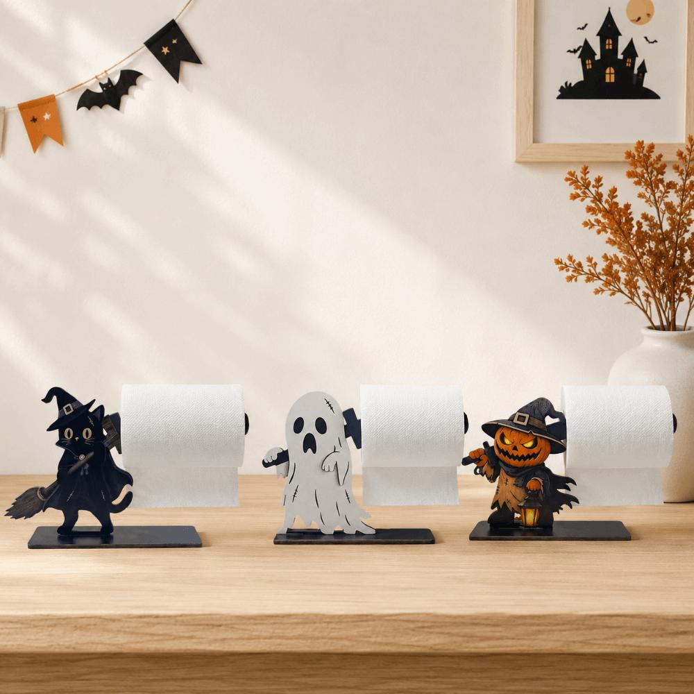 Wooden Halloween Tissue Holder Ghost Pumpkin Halloween Table Ornament Cute 2D Flat Tissue Storage Rack Holiday Table Decor