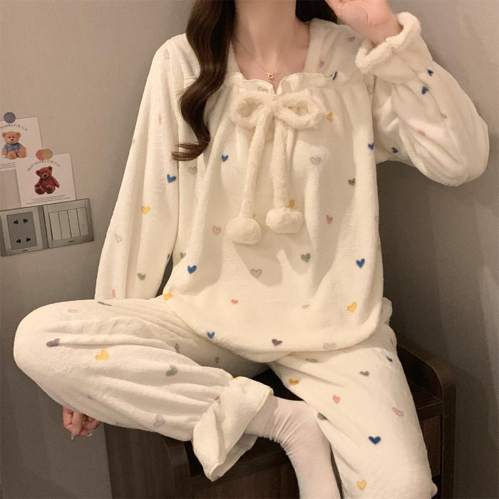 Women Flannel Pajama Set Winter Thick Warm Square Neck Long Sleeve Princess Style Bow Butterfly Casual Loungewear Home Sleepwear