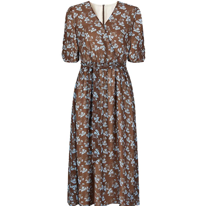 JUZUI Romantic Floral Draped Waist Chiffon Dress XL