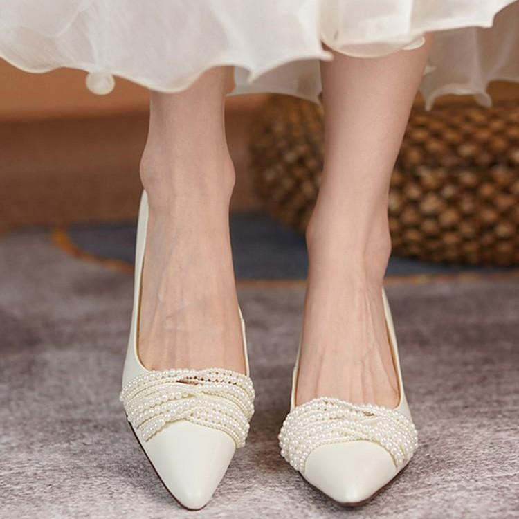 White bridal shoes French niche fine heel single shoes main yarn show two wear wedding shoes women's high heels are not tired