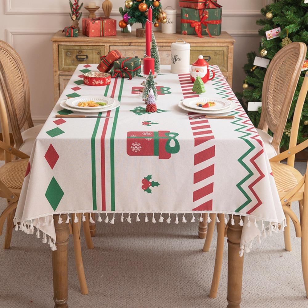 Festive Christmas Table Runner Cotton Blend Printed with Floral Fringe Decorative Dining Cover