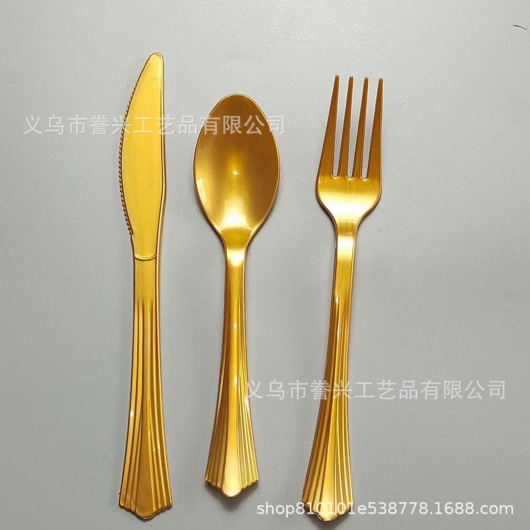 

Party Birthday Spot Disposable Knives, Forks And Spoons Plastic Tableware Festive Party Dovetail Knives, Forks And Spoons Foreign Trade spoon (10 pcs/pack) золотий