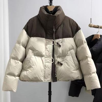 Preppy Style Kurze Daunen Winter Damen Kleidung Parkas Locker Patchwork Kontrastfarbe Verdicken Stehkragen Reißverschluss Alleskönner Baumwolle