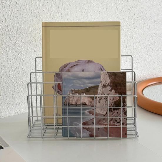 Magazine Holder Book Stand with 3 Vertical Compartments Hollow Design Rustproof Storage Rack Office Desk Organizer