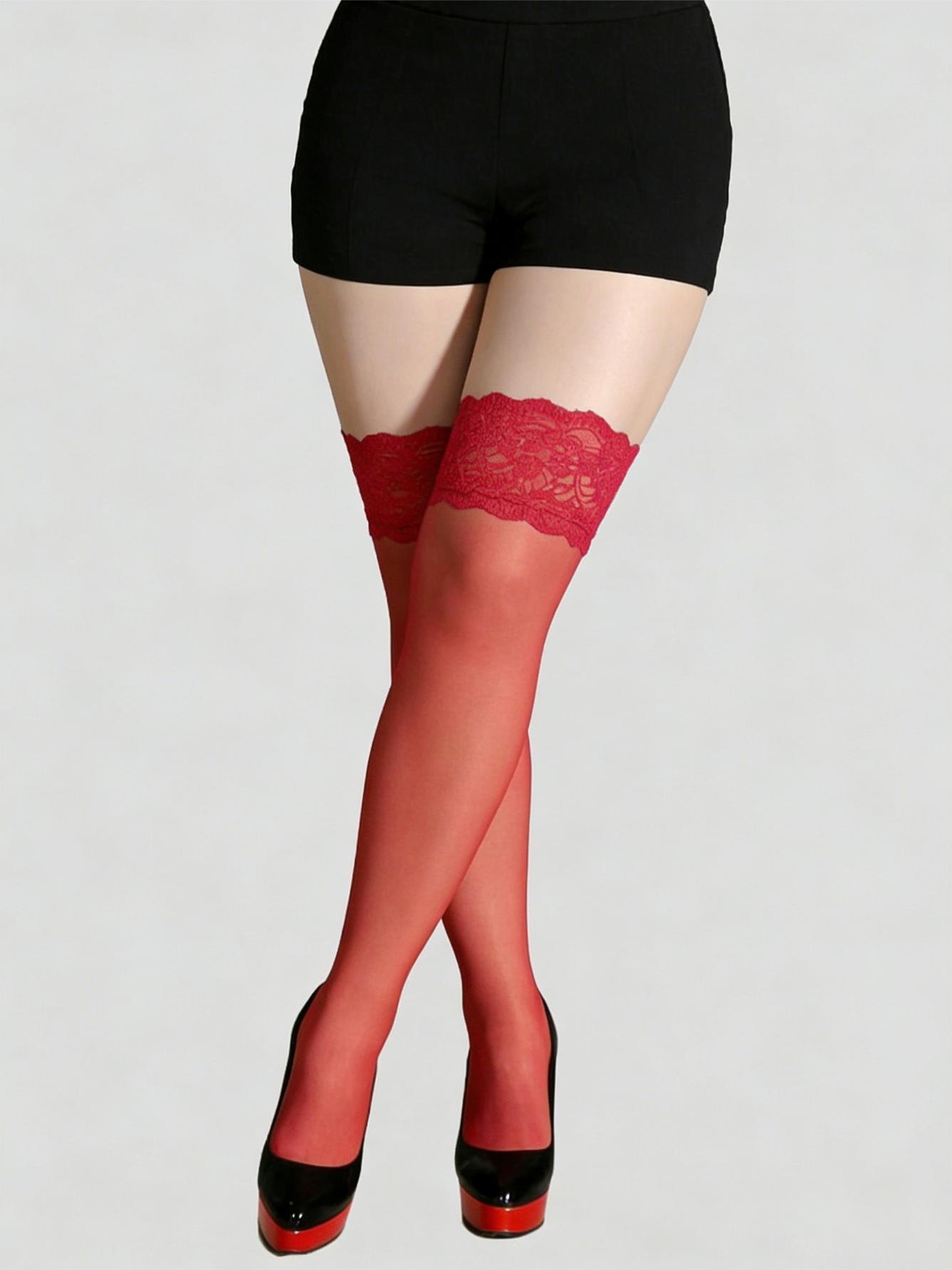 1 Pair Women Red Lace Trim Lightweight Sheer Seductive Thigh High Stockings Summer S