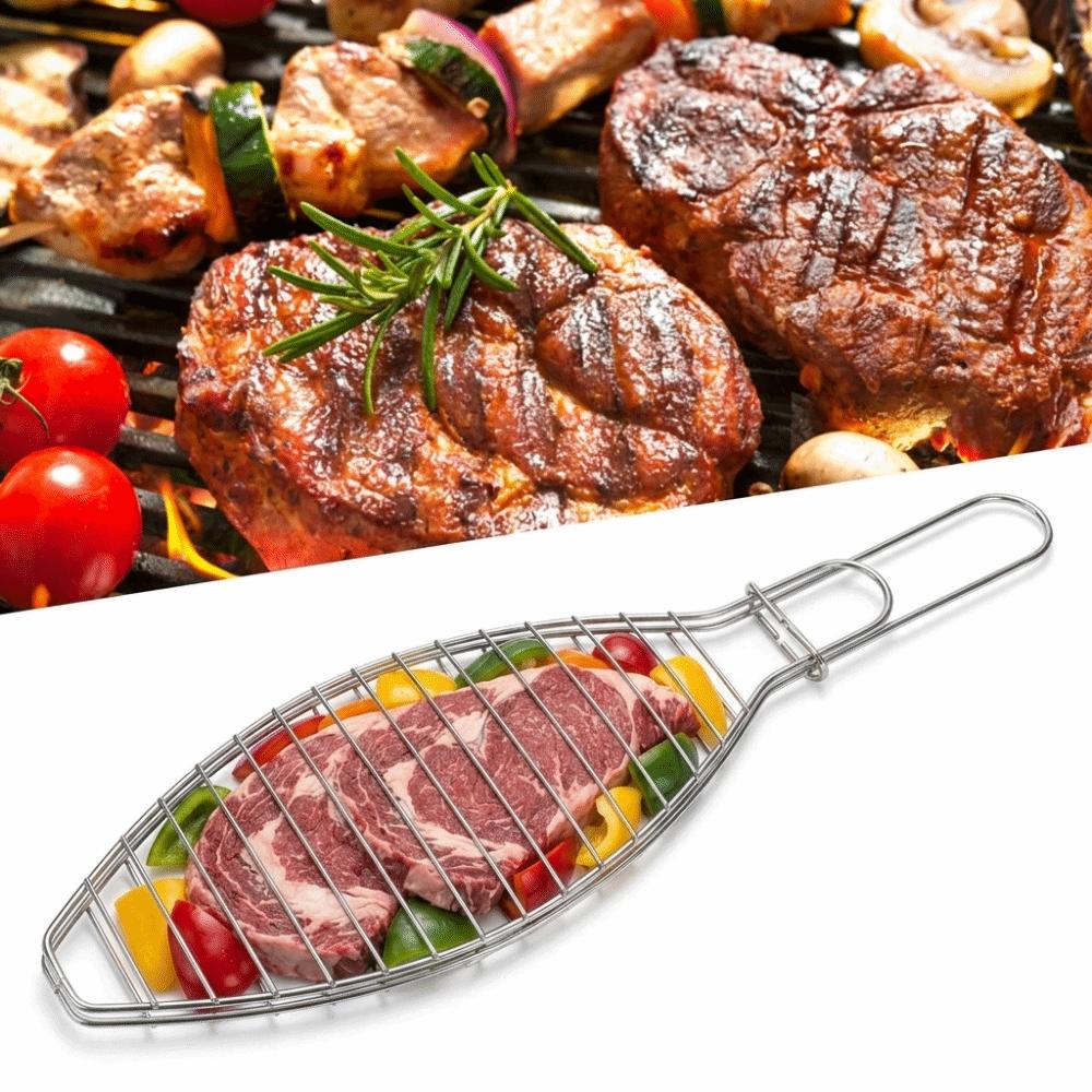 Fish-Shaped Iron Fish Grill Rack Wire Grid Long Handle Fish Grill Basket Easy Clean Sliding Lock BBQ Grill Clip