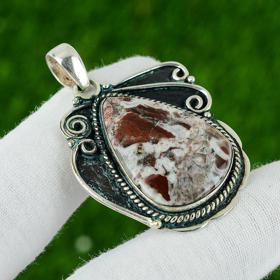 Natural Mexican Laguna Lace Agate Gemstone 925 Sterling Silver Pendant For Women