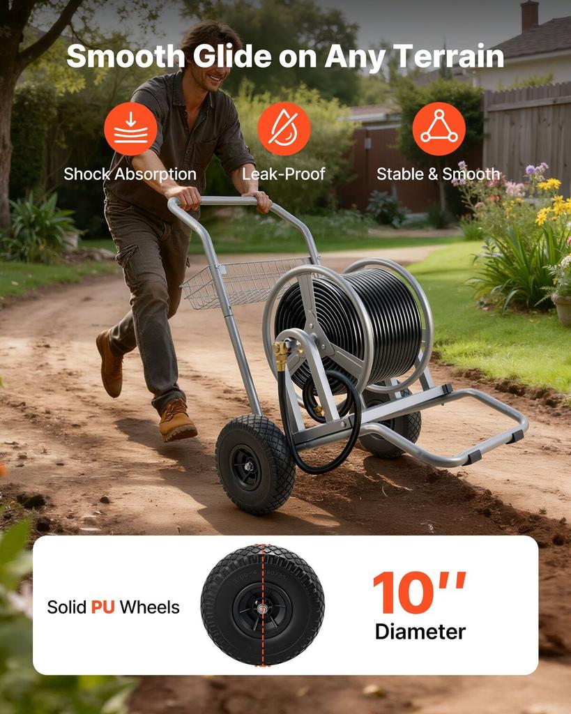 Water Hose Reel Cart, 6096/9144 Cm High-Pressure Garden Hose Cart, Hoses Reel Carts with Two Wheels, Handle & Heavy-Duty Mesh Storage Basket,