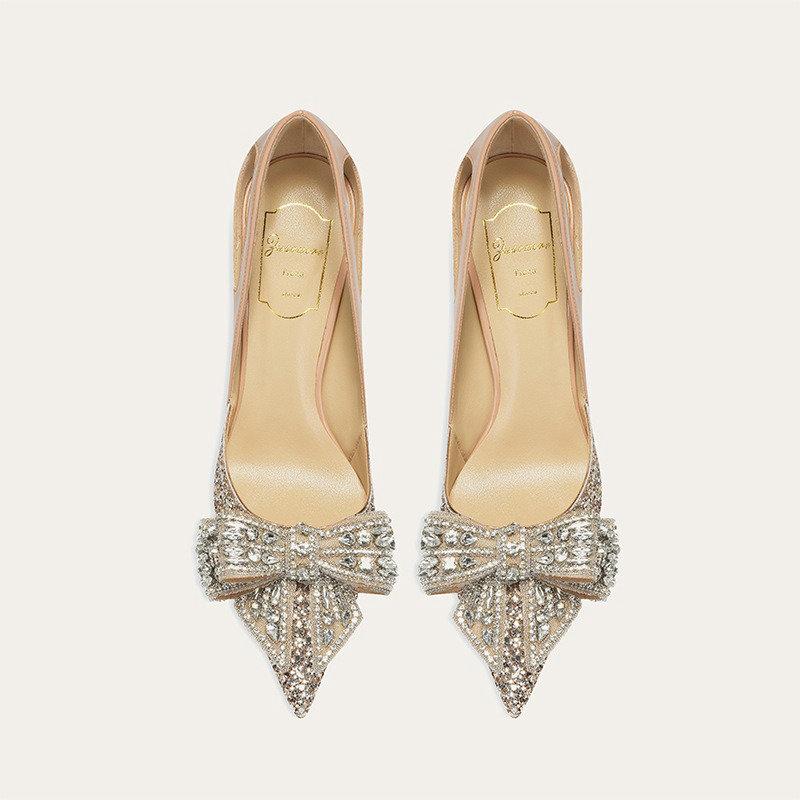 Fashion Sheepskin Single Shoes For Women 2025 All New Diamondedness Bow French High Heels For Women Stiletto Wedding Shoes