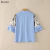 ZANZEA Women Casual Stand Collar Loose Splice 3/4 Sleeve Blouse