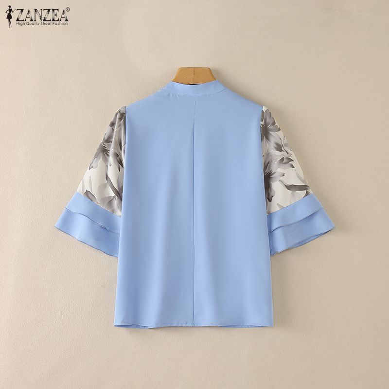 ZANZEA Women Casual Stand Collar Loose Splice 3/4 Sleeve Blouse