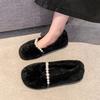 New Winter Suede Fluffy Shoes for Women To Wear with One Pedal, Beanie Shoes, Warm Pearl Flat-soled Cotton Shoes