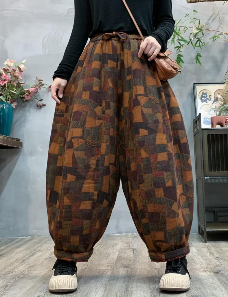 Johnature Pantalones harén con estampado de estilo vintage para mujer, pantalón holgado, informal, con cintura elástica, estilo chino, moda de invierno