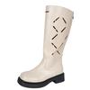Fashion British Style Hollowed Out Knight Boots for Women Autumn New Thick Soled Knee-High Size 36-42 PU Black Beige Botas Largas Mujer