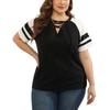 Damen Plus Size Sommer Kurzarm V-Ausschnitt Seil Patchwork Farbe T-Shirt