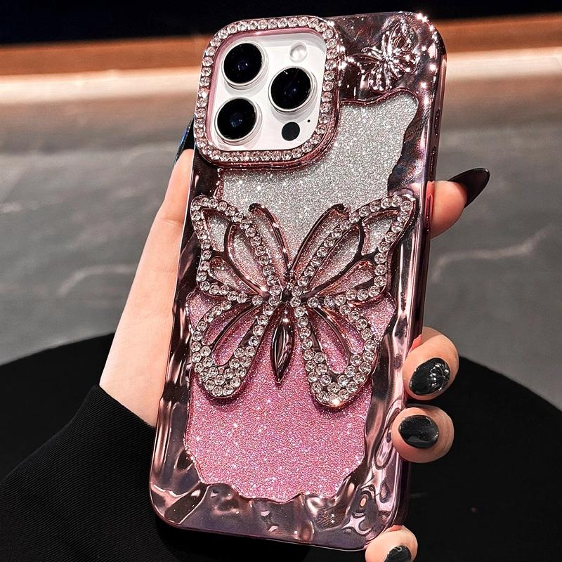 Soft Butterfly Diamond Phone Case For iPhone 11 12 13 14 15 16 17 Pro Max Plus Air Glitter Bumper Back Cases Cover