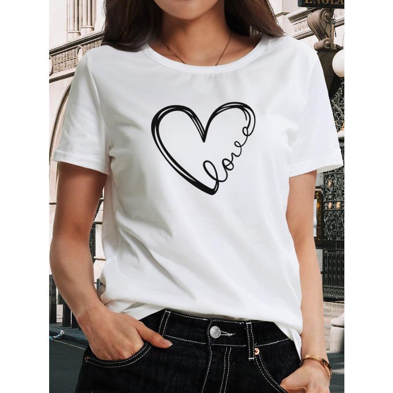 Женская футболка с принтом сердечек, круглым вырезом и короткими рукавами, европейский размер - Футболка с принтом в виде сердечек, Удобный дизайн с принтом, Свободный повседневный топ S белый